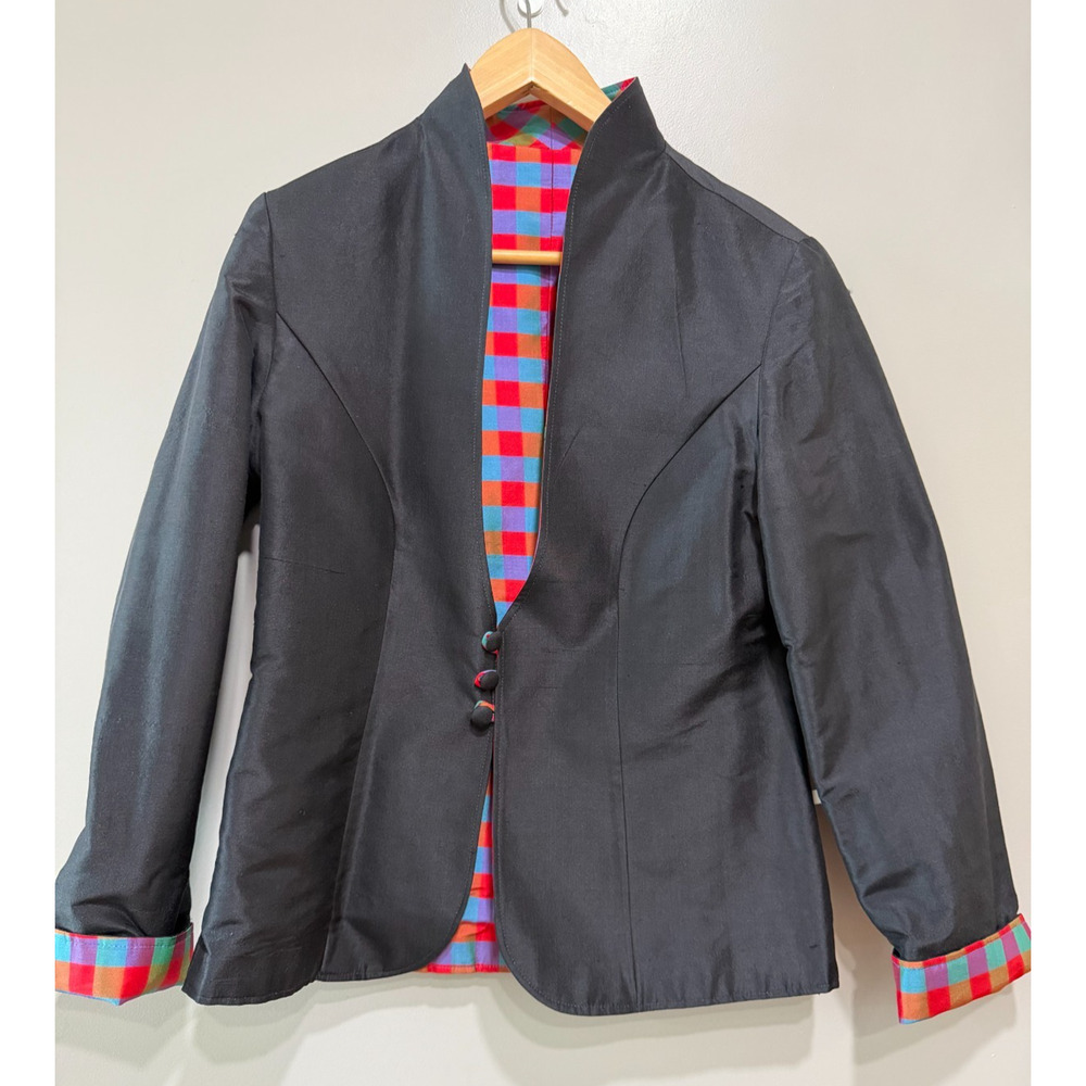 Y2k Statement Reversible Structured Plaid Silk Bl… - image 4